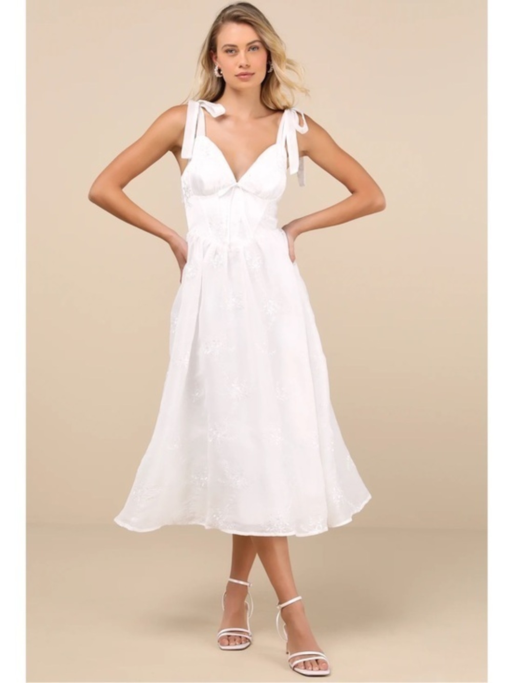 NWT Lulu’s Aero White Embroidered Tie-Strap A-Line Midi Dress Extra Large Chic